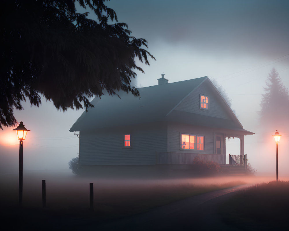 House in thick fog at twilight with glowing windows and street lamps