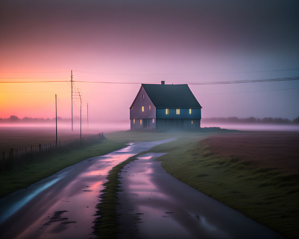 Twilight scene: Secluded house in misty field with glowing lights and reflective road