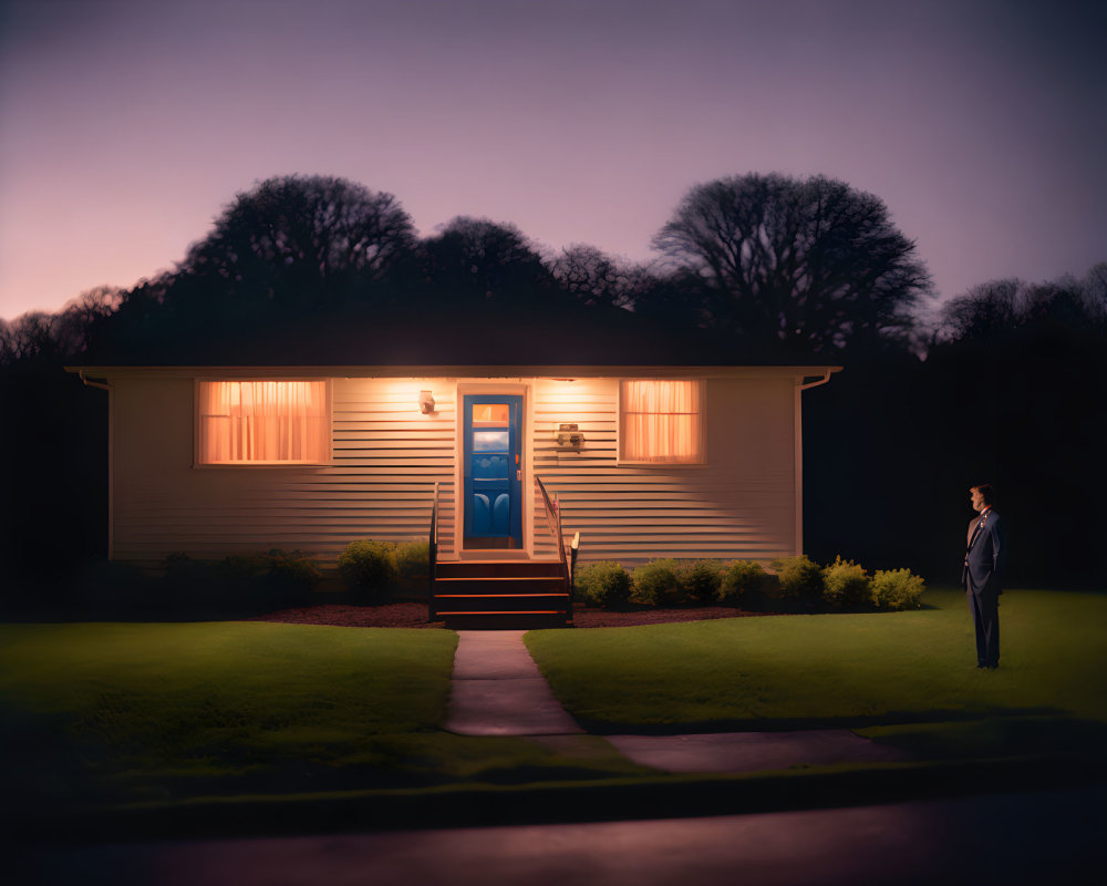Man standing outside warmly-lit house at dusk with glowing blue door and tranquil garden.