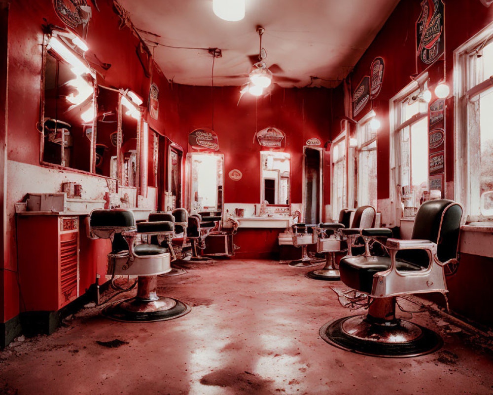 Classic Barbershop Interior with Red Walls, Barber Chairs, Mirrors, and Vintage Hairdressing