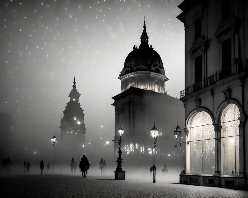 Monochromatic cityscape with fog, people, elegant buildings, and starlit sky