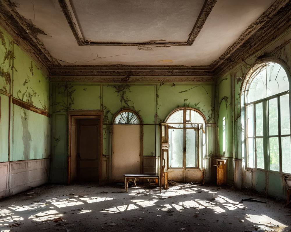 Decrepit room with peeling green walls, tall arched windows, shadows, old chair,