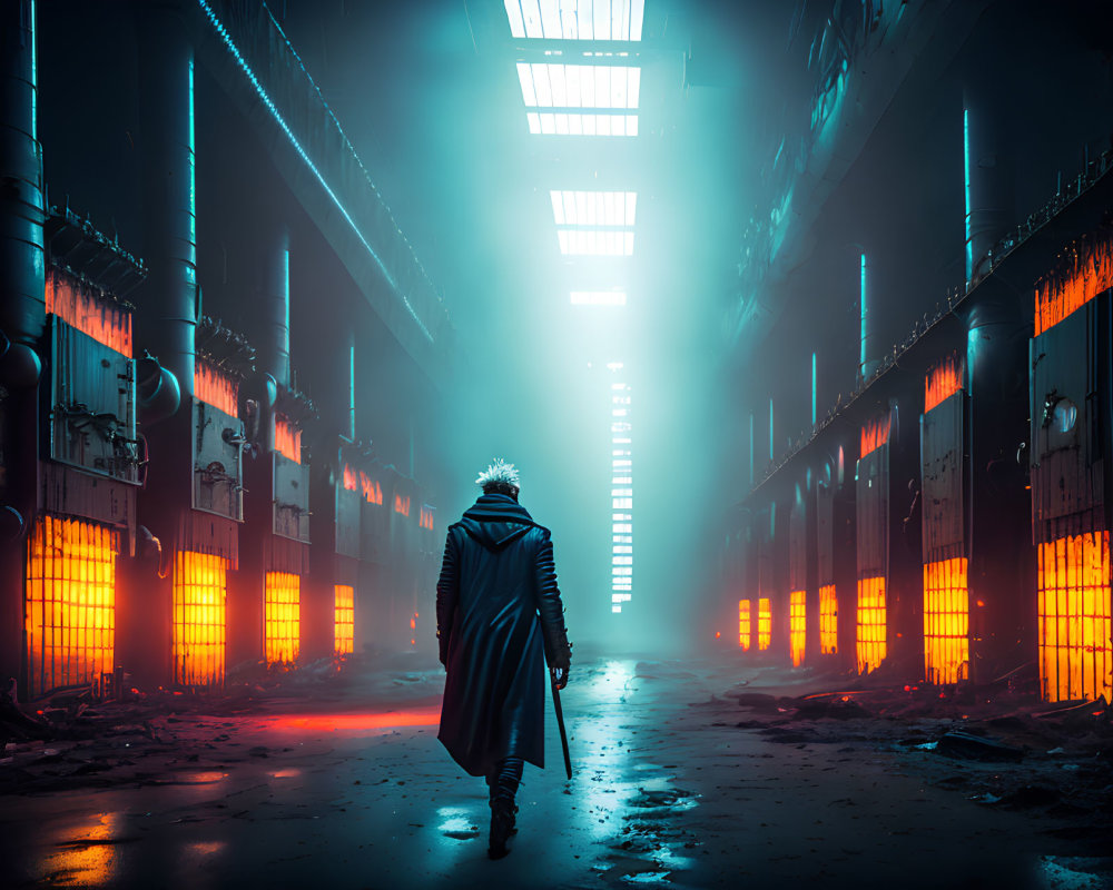 Person in trench coat walks through futuristic alley with glowing lights and mist under industrial skyline