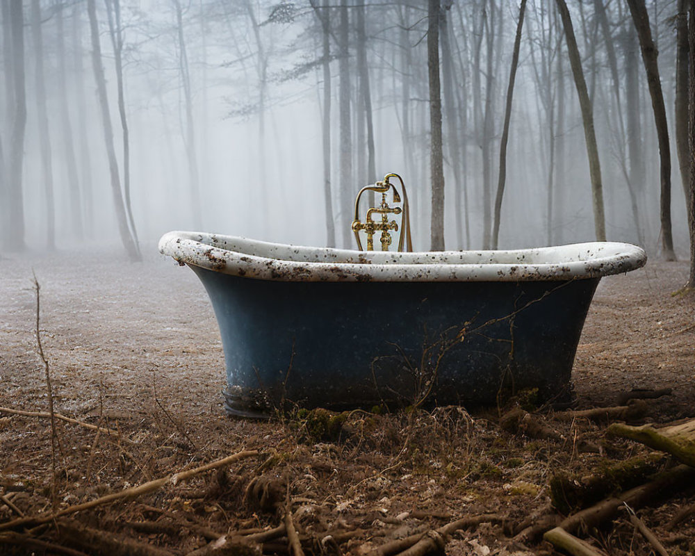 Abandoned claw-foot bathtub with vintage faucet in eerie forest