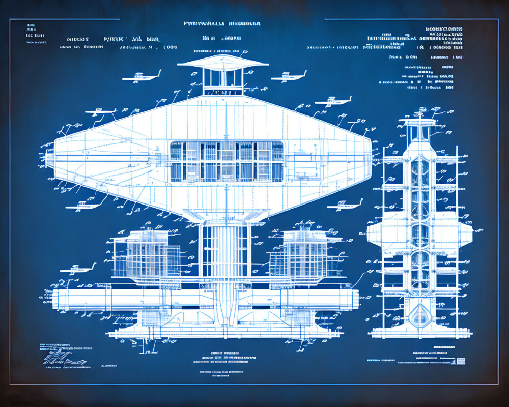 Detailed Blueprint of Futuristic Spaceship on Blue Background