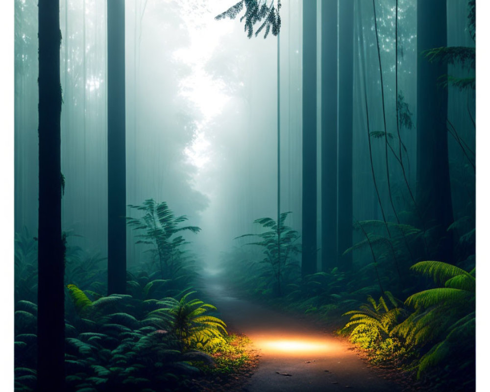 Misty forest with towering trees and lush ferns on narrow path