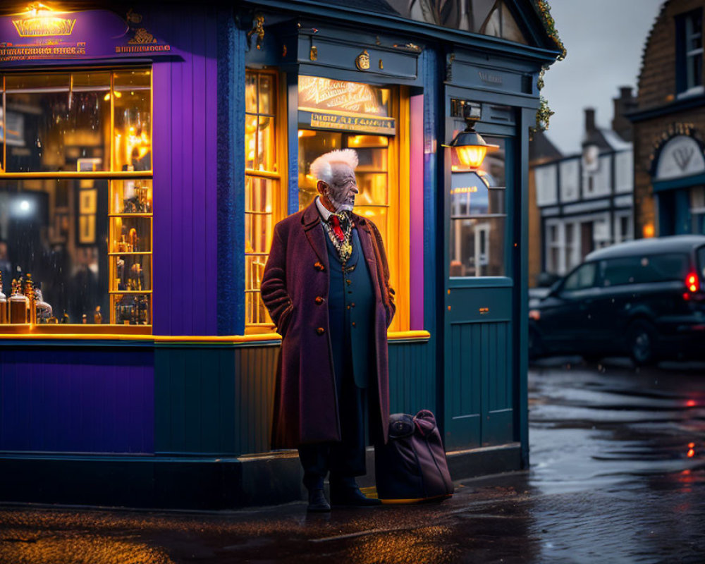 Elderly person in maroon coat by vibrant blue and yellow storefront