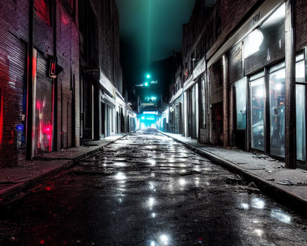 Deserted urban alley at night with wet pavement and glowing buildings.