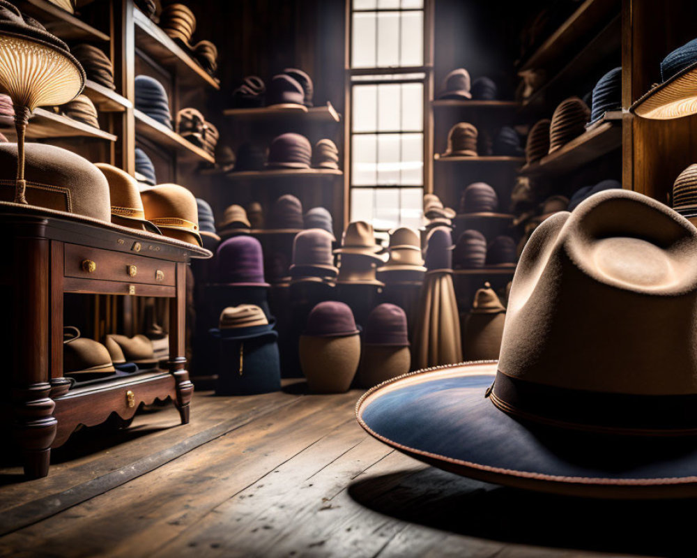 Vintage Style Hat Shop Interior with Various Hats on Shelves and Elegant Wooden Desk