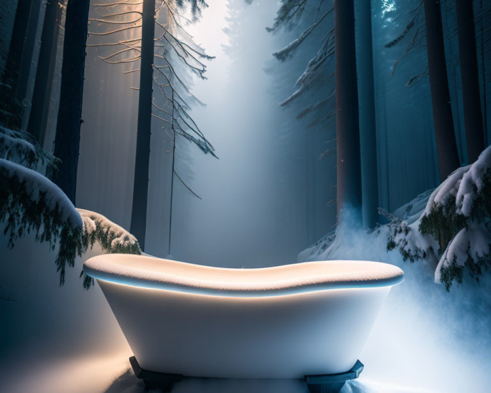 Claw-Foot Bathtub in Snowy Forest with Ethereal Lighting