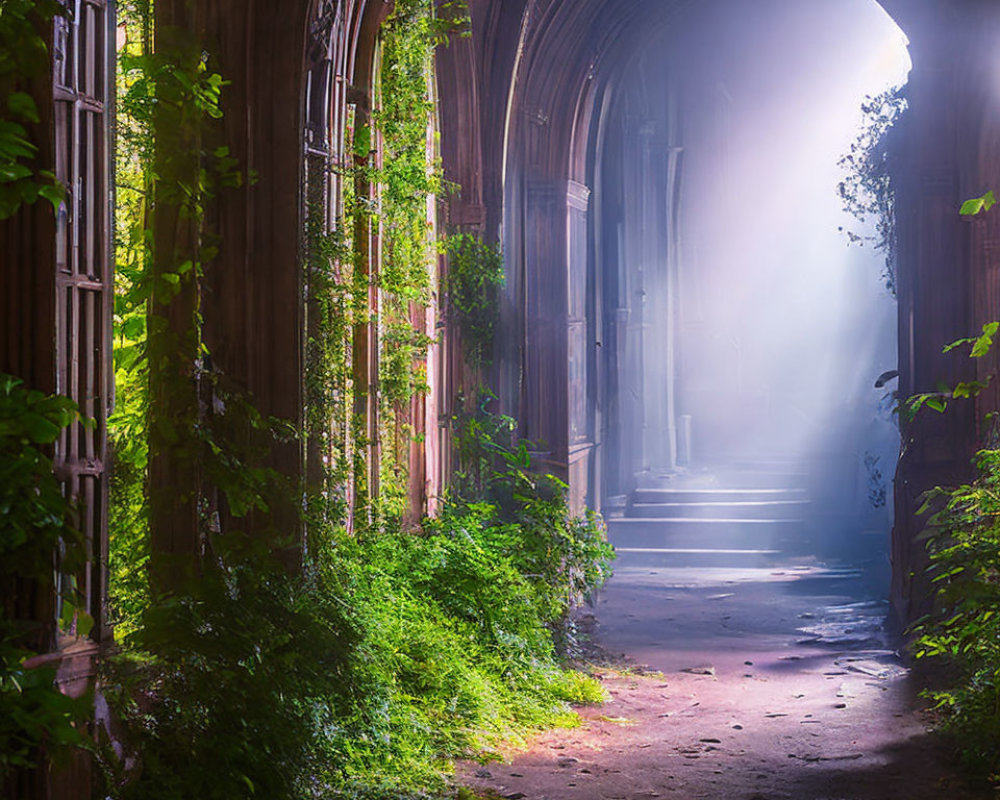Sunlit Overgrown Corridor in Abandoned Building with Light Rays and Dense Foliage