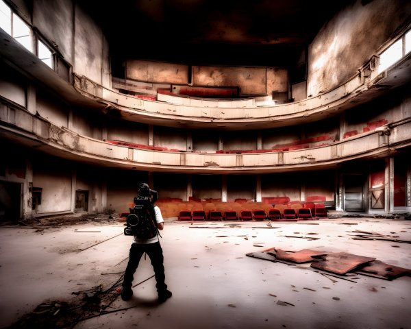 Photographer in dilapidated theater with red seats and peeling walls