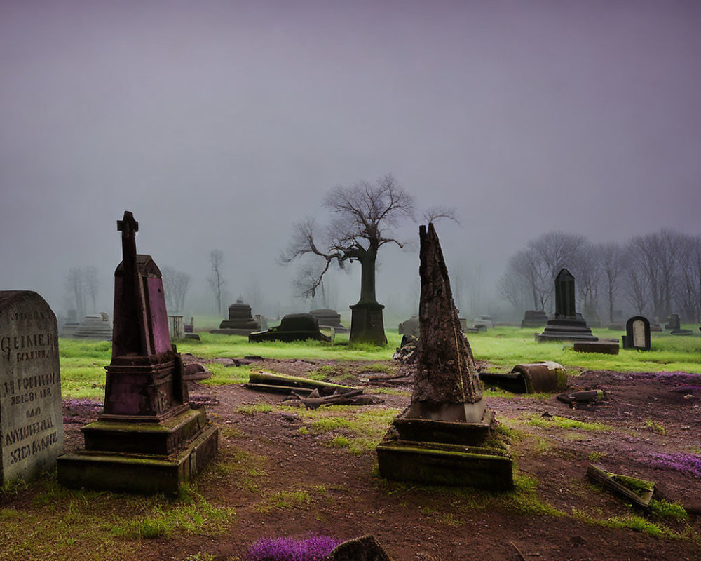 Misty cemetery with weathered headstones, fallen tree, and purple flowers