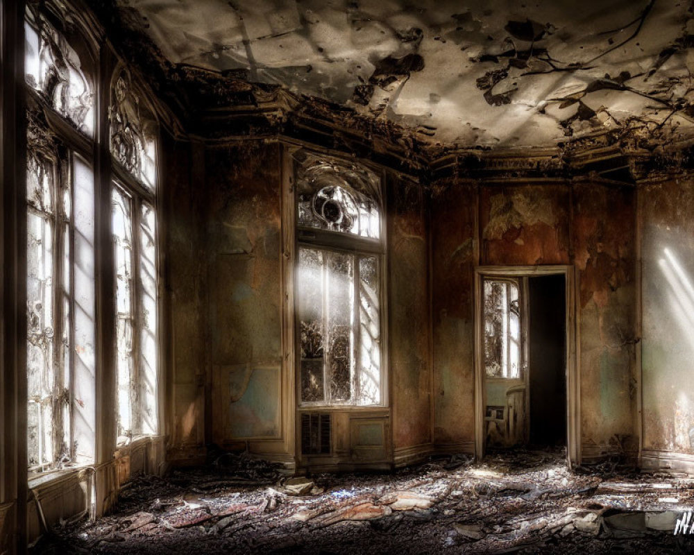 Ornate room with decaying interior, peeling walls, sunlight through arched windows, scattered