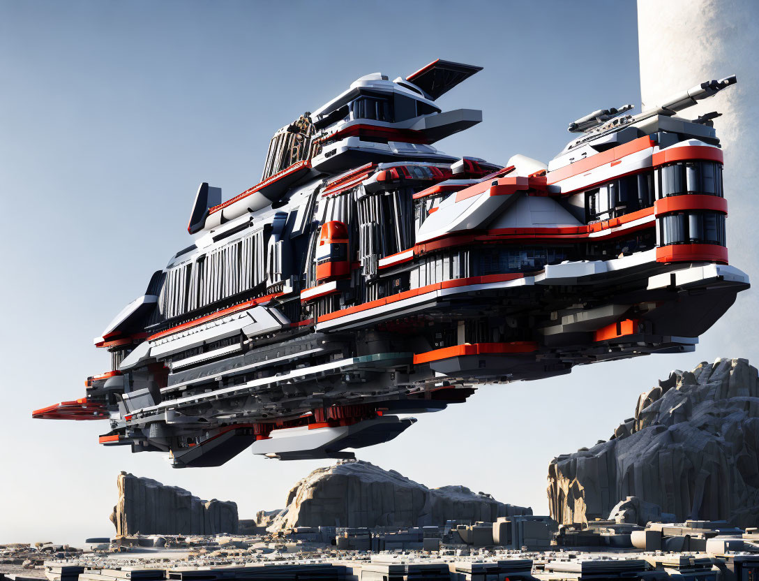 Futuristic red and black spaceship hovering over desert base