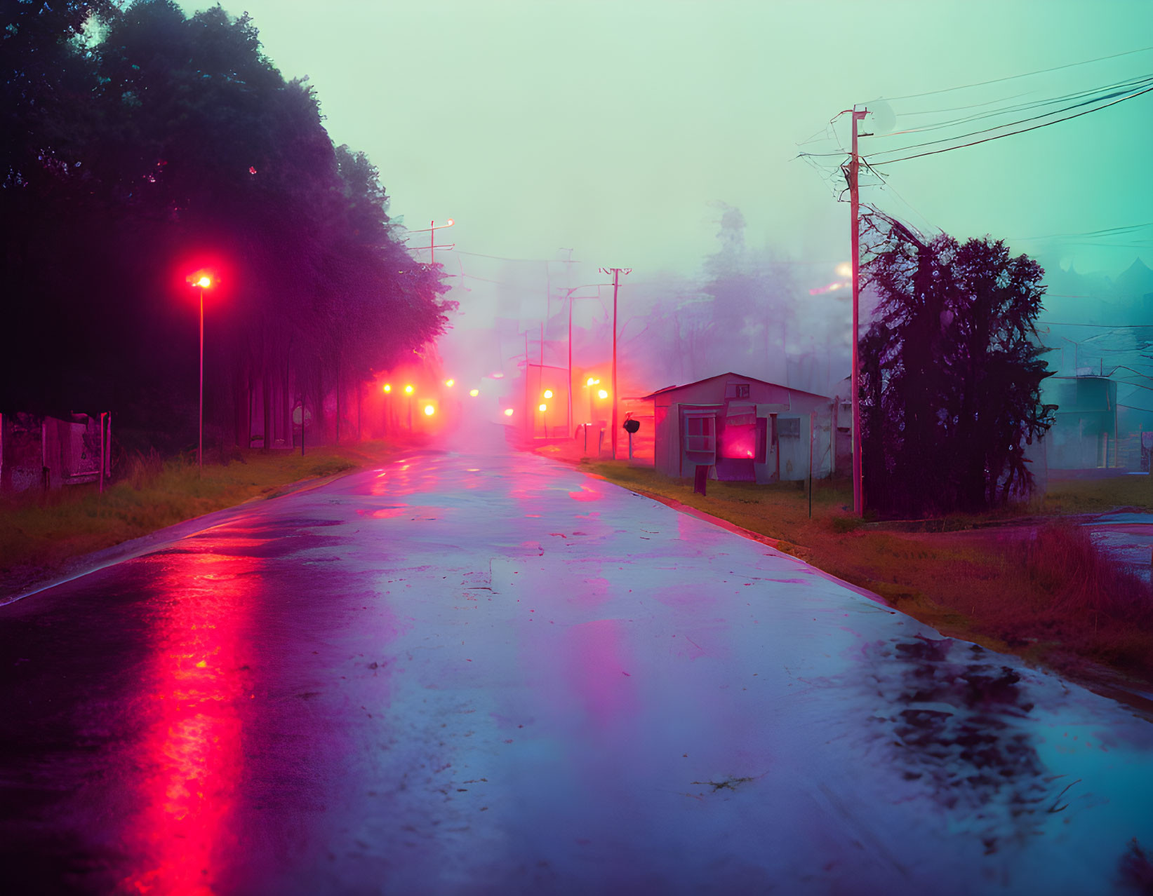 Foggy twilight scene: damp road, red streetlights, small buildings