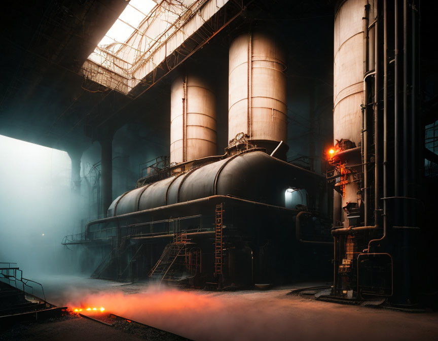 Industrial scene with large tanks and pipes in moody lighting