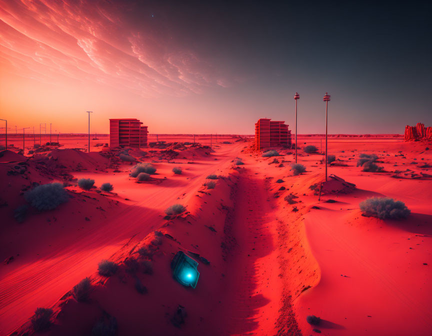 Surreal Red Landscape with Deserted Buildings and Blue Light