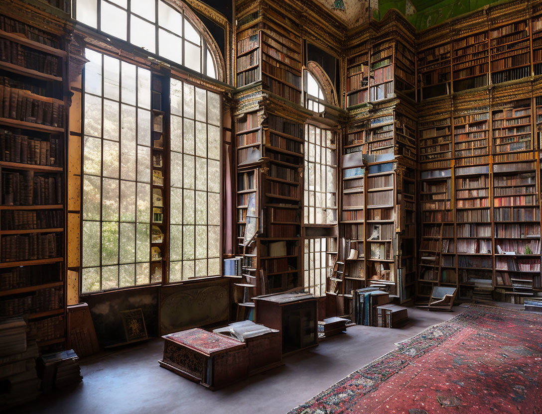 Grand Old Library with Towering Bookshelves