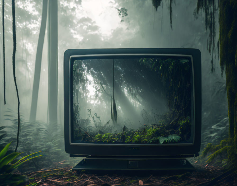 Vintage TV merges with misty forest in unique display
