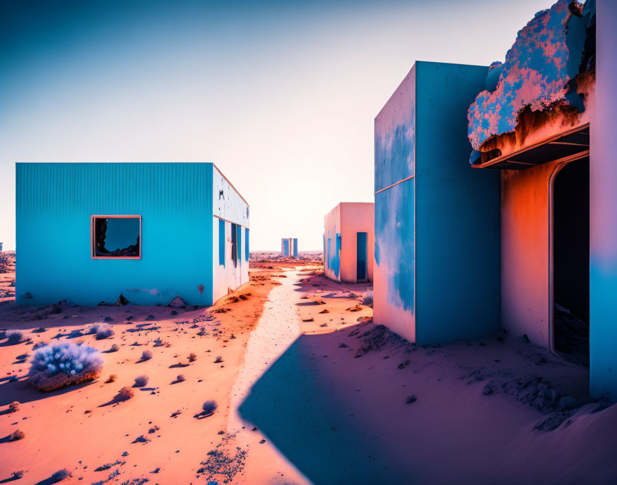 Abandoned blue and white buildings in sandy desert sunset scene