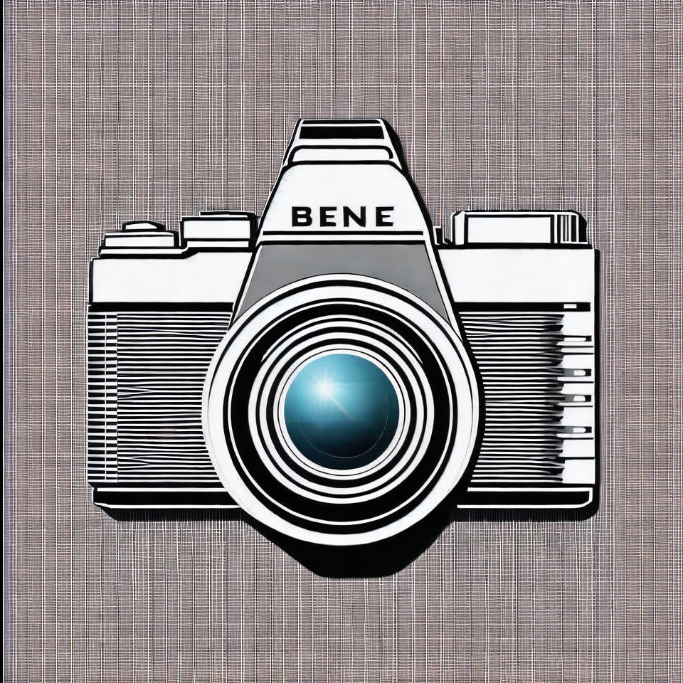 Vintage camera illustration with "BENE" on textured background