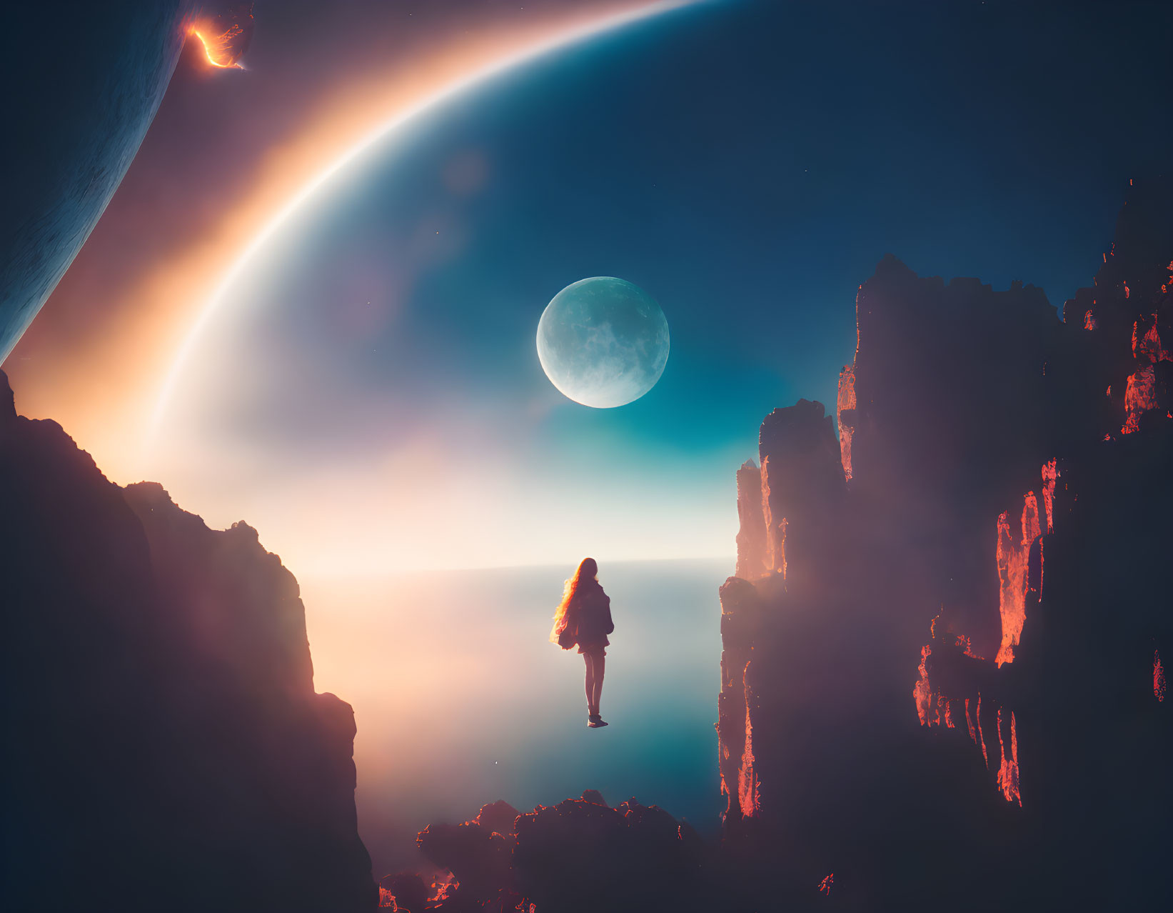 Solitary Figure on Precipice with Surreal Planetary Backdrop