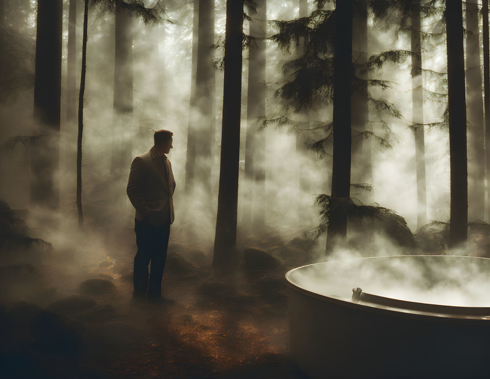 Man in Suit Beside Steaming Bathtub in Misty Forest