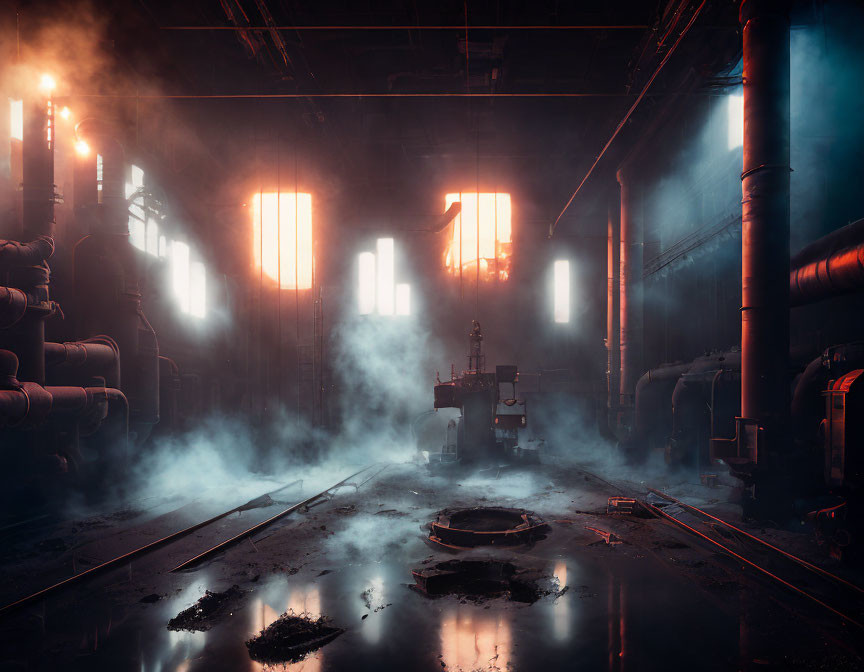 Abandoned factory with pipes, vents, and light beams