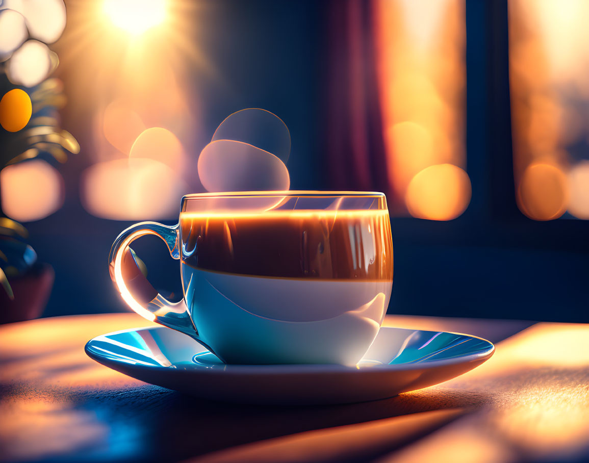 Steaming Cup of Coffee with Sunrise Background