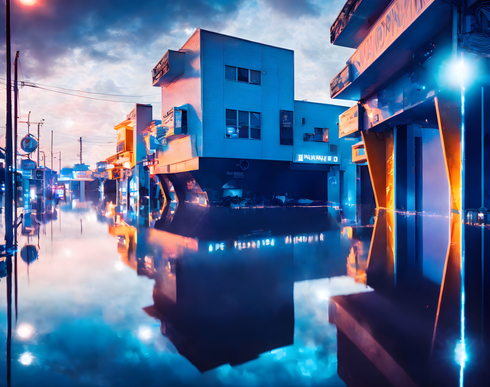 Surreal urban scene with neon lights and mist in blue and purple palette