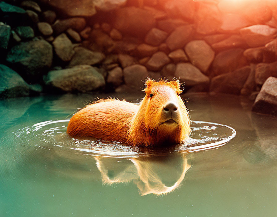 Capybara relaxing in water with rocks and sunlight glow