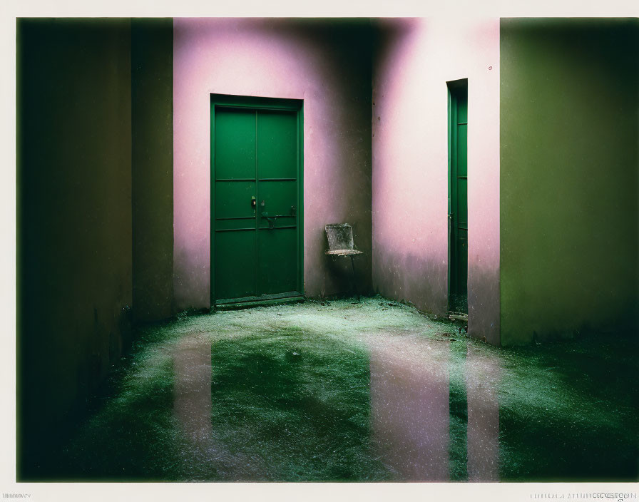 Green door, pink walls, abandoned chair in dimly lit corner