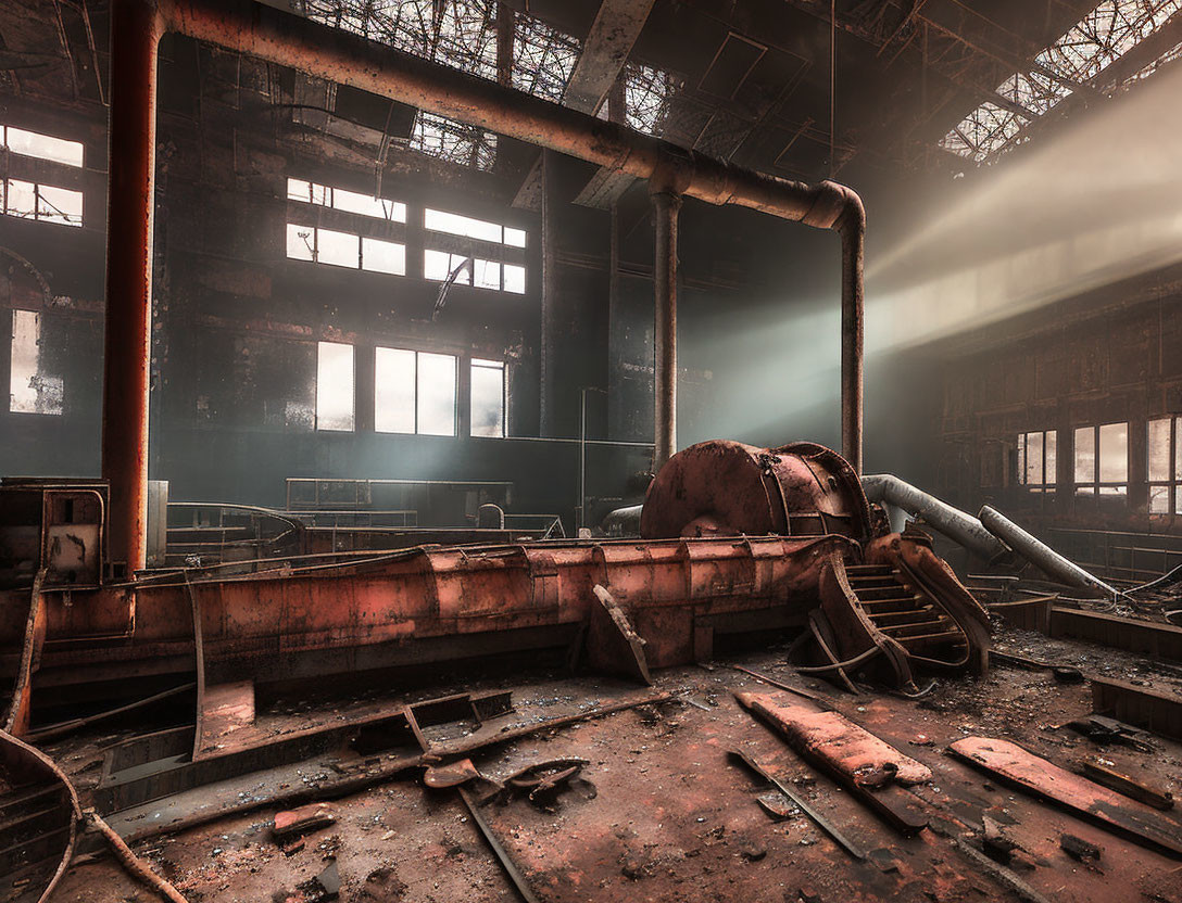 Rusty machinery and debris in abandoned industrial interior