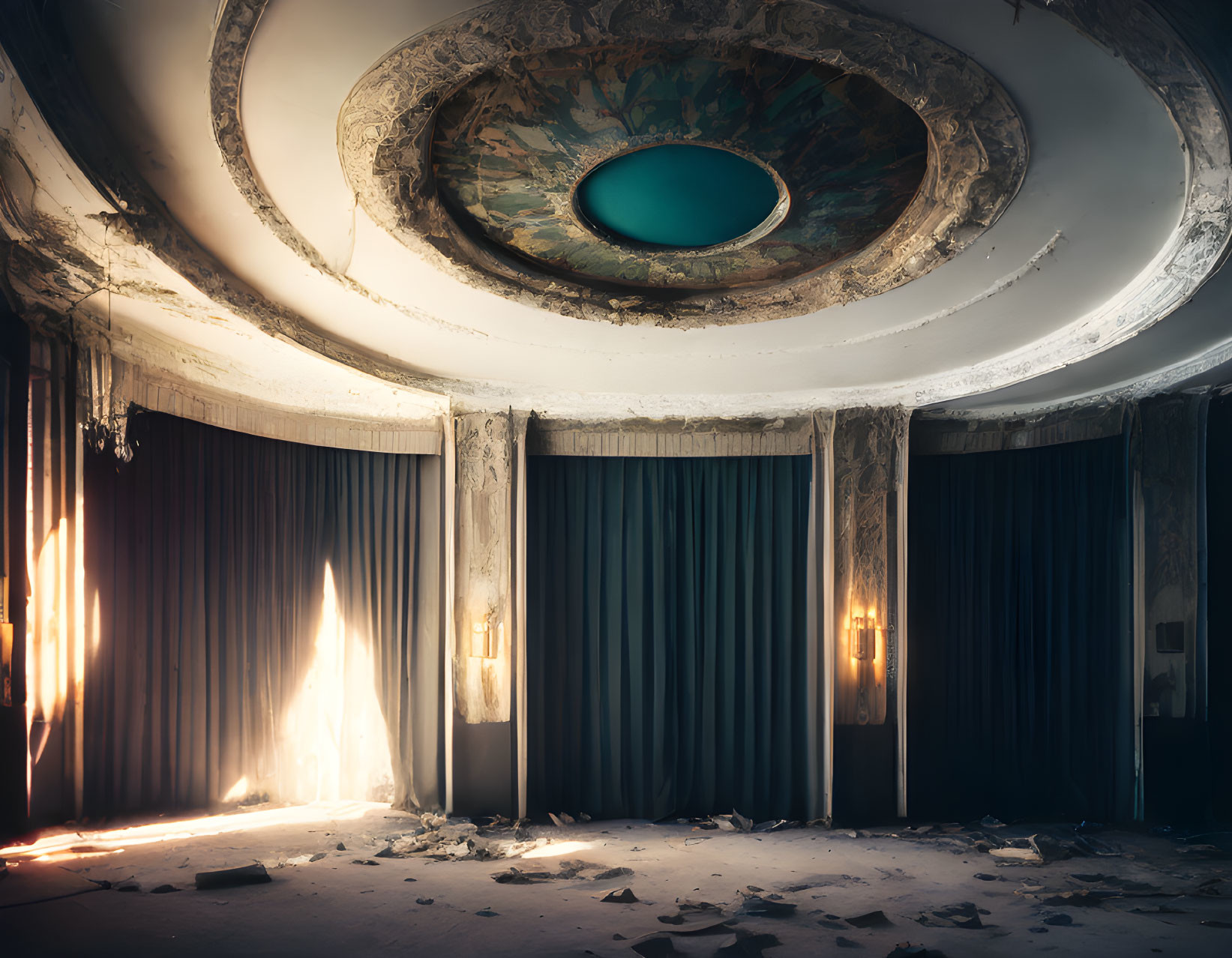 Decaying room with circular ceiling painting and shafts of light