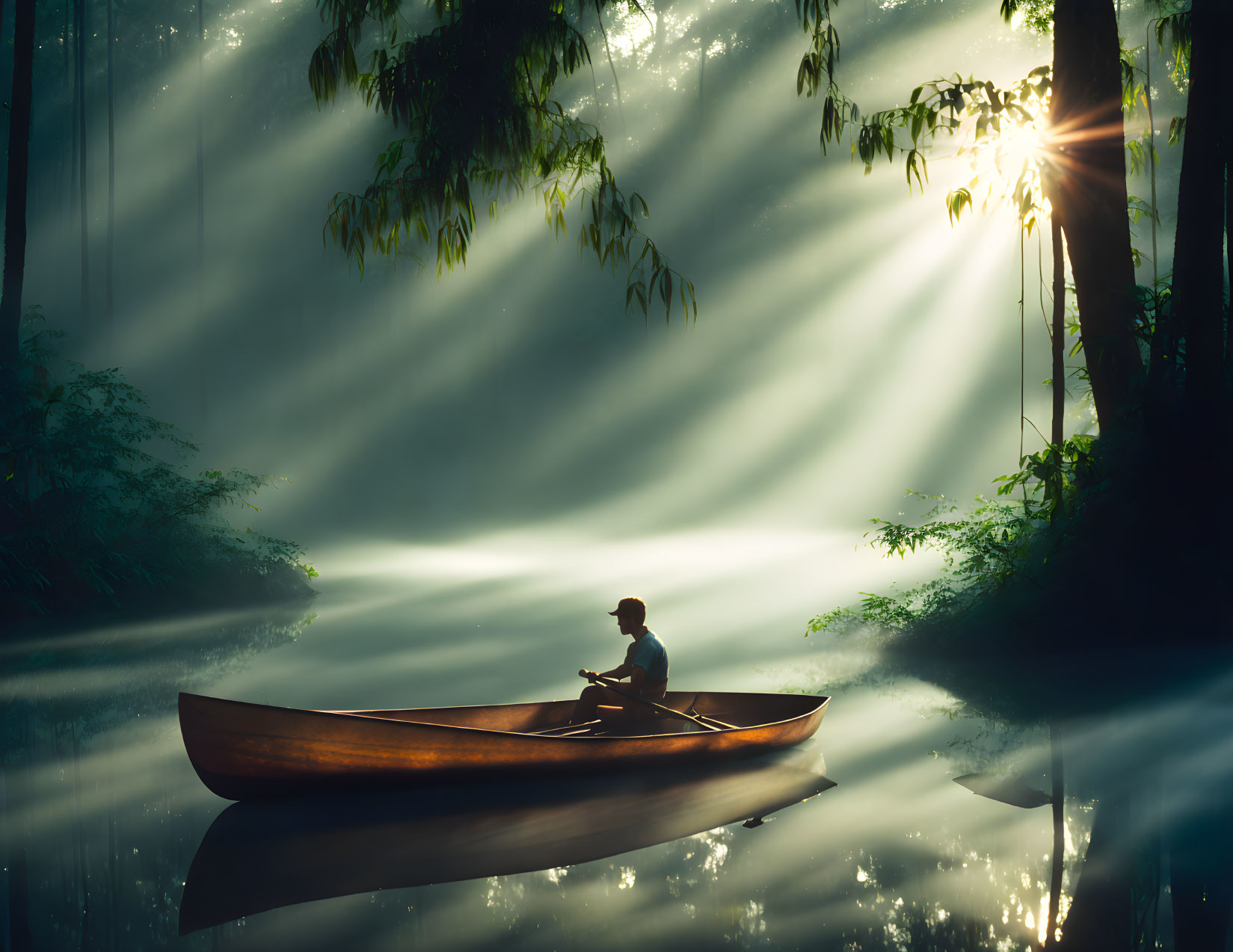 Tranquil lake scene with person in canoe and sunbeams filtering through mist