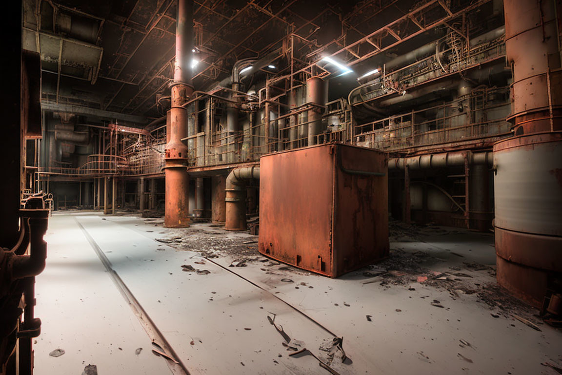 Abandoned industrial interior with rusting machinery and debris-covered floors