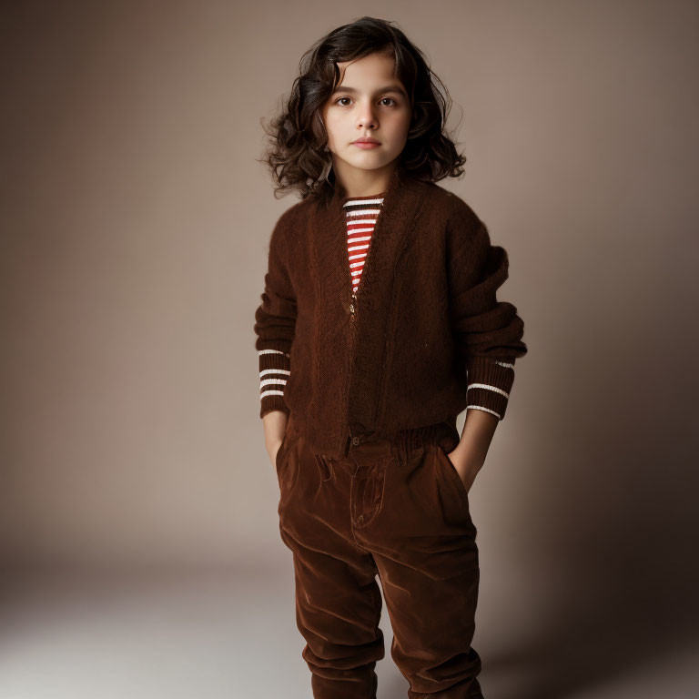 Curly-Haired Child in Brown Cardigan and Striped Shirt Against Neutral Background