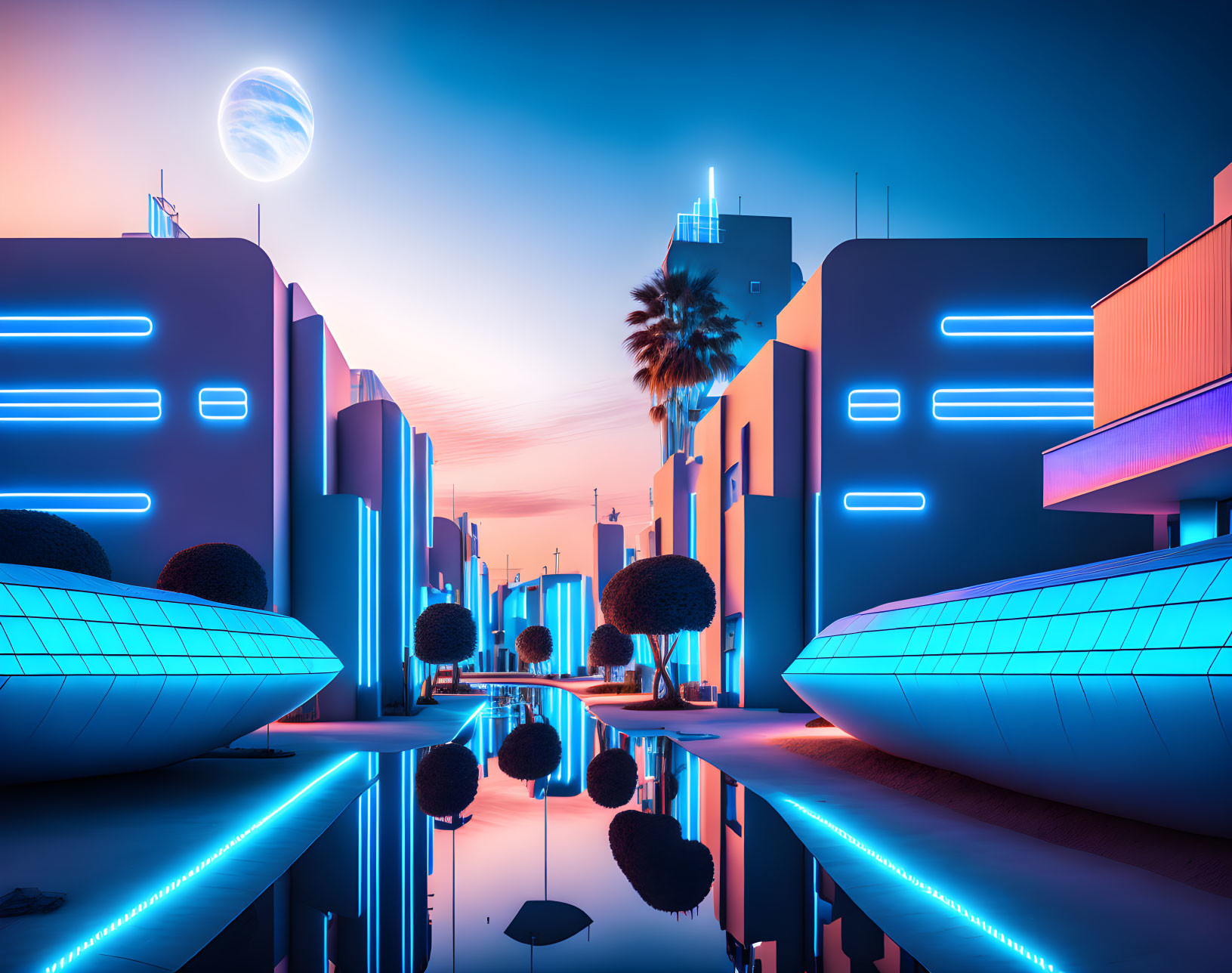 Futuristic cityscape with neon lights, sleek buildings, water reflections, palm trees, and moon