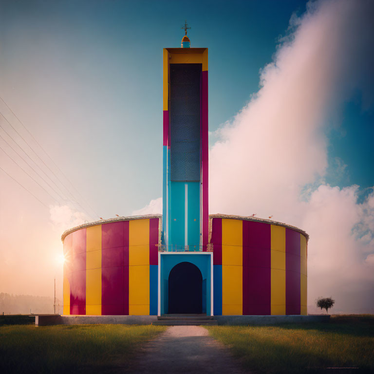 Colorful modern church with tall tower in dramatic sky and sunlit clouds.