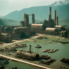 Industrial complex with storage tanks, ships, and mountain backdrop