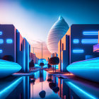 Futuristic cityscape with neon lights, sleek buildings, water reflections, palm trees, and moon