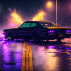 Abandoned car with broken parts on wet road at night under purple street lights