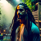 Dreadlocked person in front of electronic music setup with colorful lighting