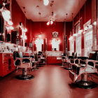 Classic Barbershop Interior with Red Walls, Barber Chairs, Mirrors, and Vintage Hairdressing