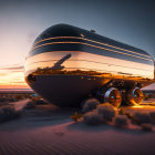 Futuristic yacht-like vehicle in desert sunset with sleek design.