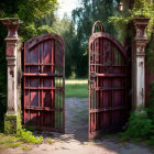 Rusty ornate gate in lush green setting under warm sunlight