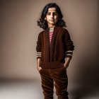 Curly-Haired Child in Brown Cardigan and Striped Shirt Against Neutral Background