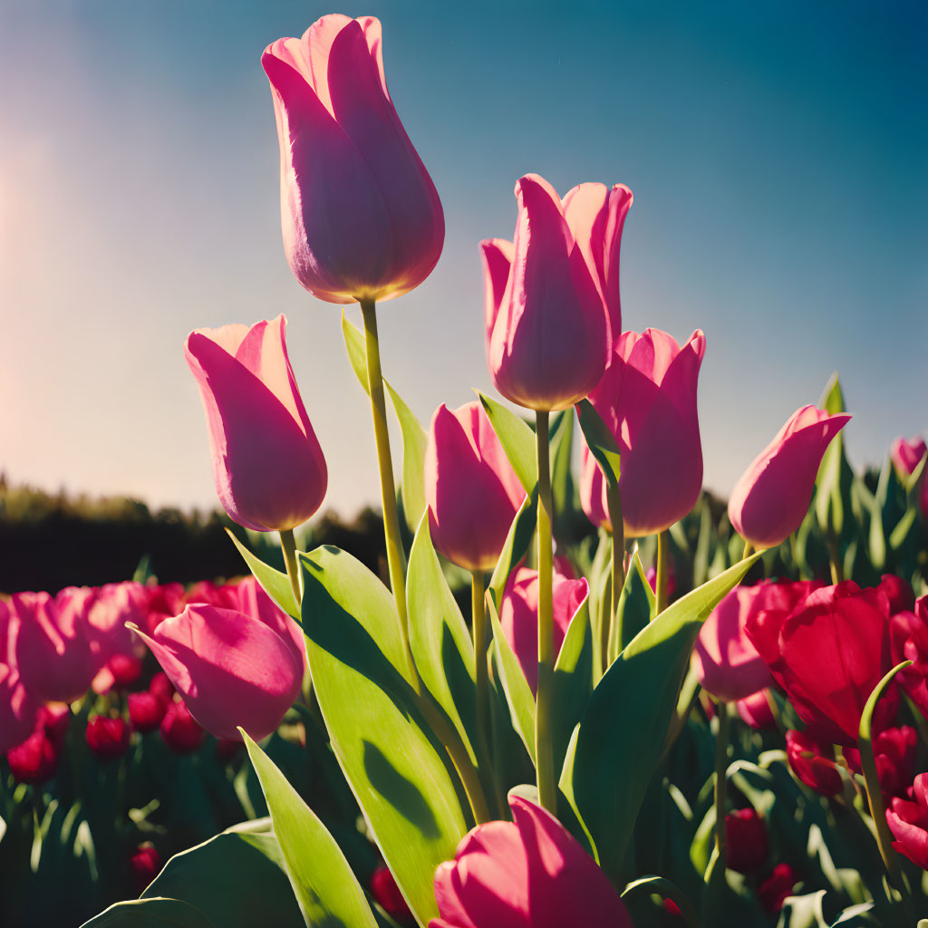 Bright Pink Tulips in Sunlight Against Blue Sky