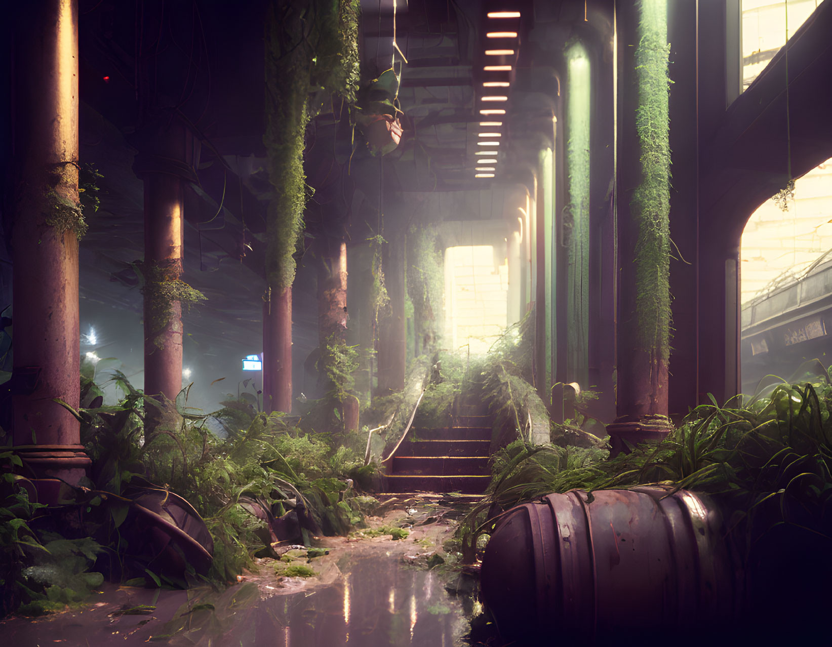Abandoned industrial interior with sunlight, green foliage, and debris